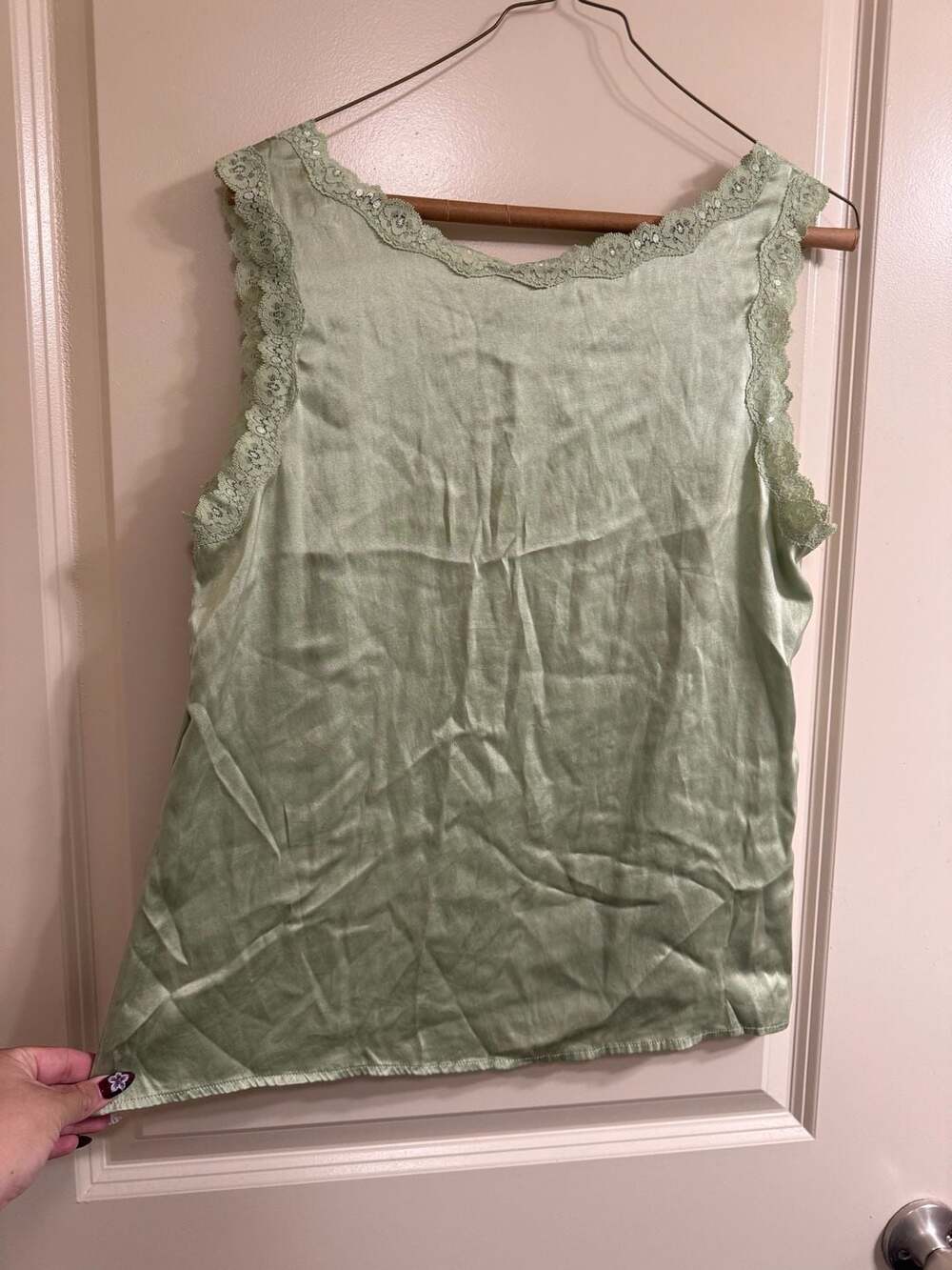 Kathleen Kirkwood Sage Green Silk Spandex Lace Trim Tank Top - Picture 2 of 5